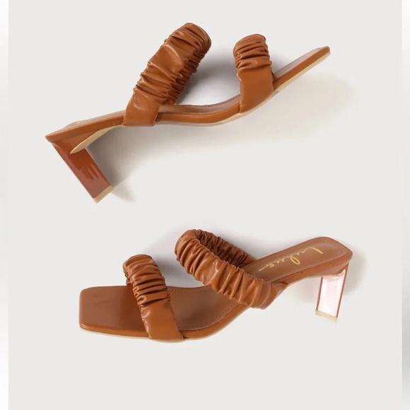 LULUS Twyy Medium Nude High Heel Sandals Square Toe Strappy Scrunchie Sandals - Picture 3 of 10